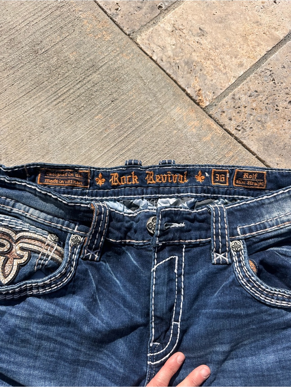 Rock Revival Men's Slim Straight Jeans - Dark Indigo with White Stitching